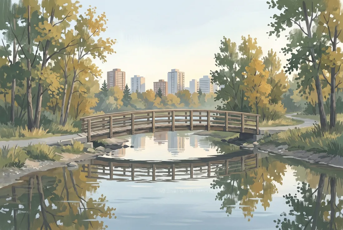Gouache illustration of a footbridge over the Elbow River near downtown Calgary in the morning