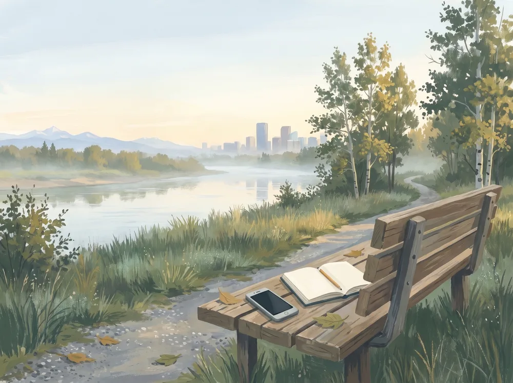 Gouache illustration of a phone and an open notebook on a park bench in soft daylight