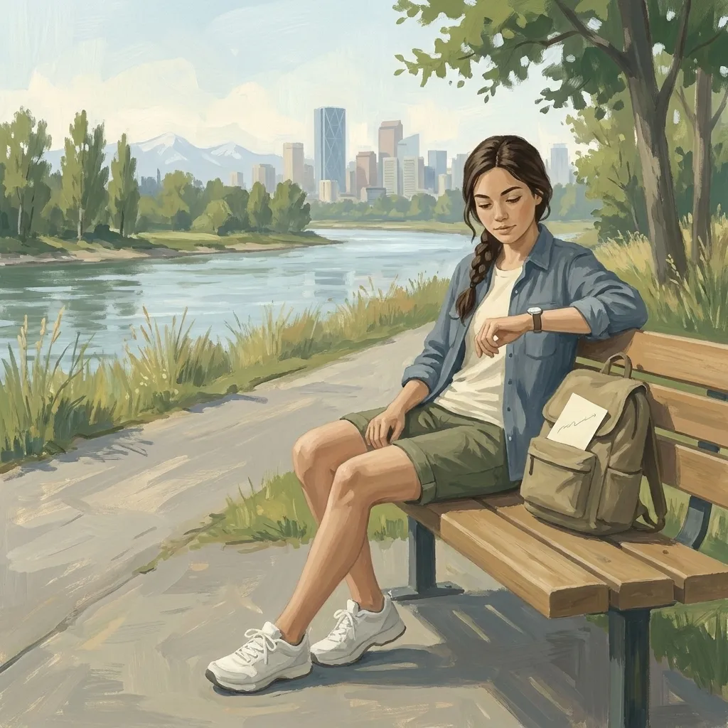 Illustrated guide on a riverside bench checking her wristwatch, backpack beside her