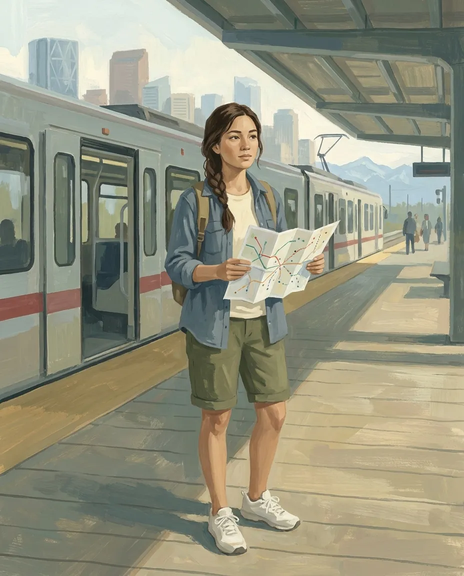 Illustrated guide on a CTrain platform checking a paper route map, downtown Calgary behind her