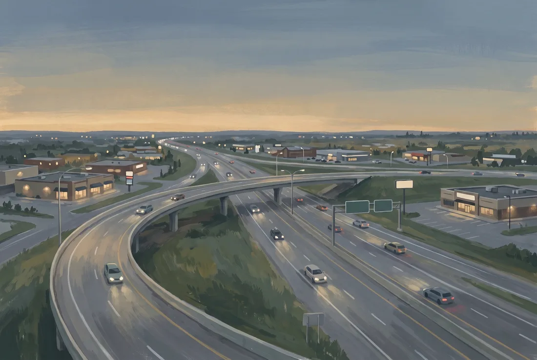 Gouache illustration of a highway interchange and low-rise buildings in northeast Calgary at dusk