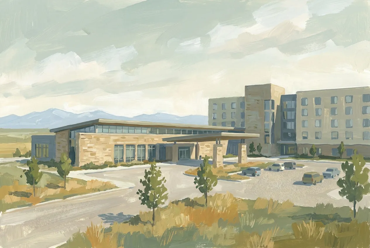 Painted illustration of a generic low stone building and hotel block on open prairie, mountains on the horizon